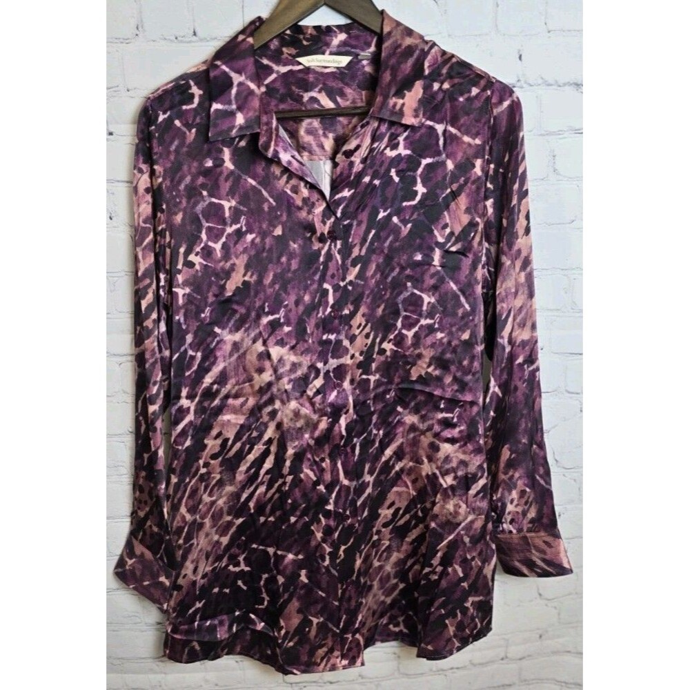 Soft Surroundings Medium Vivi Pink Purple Animal Print 100% Silk Button Blouse